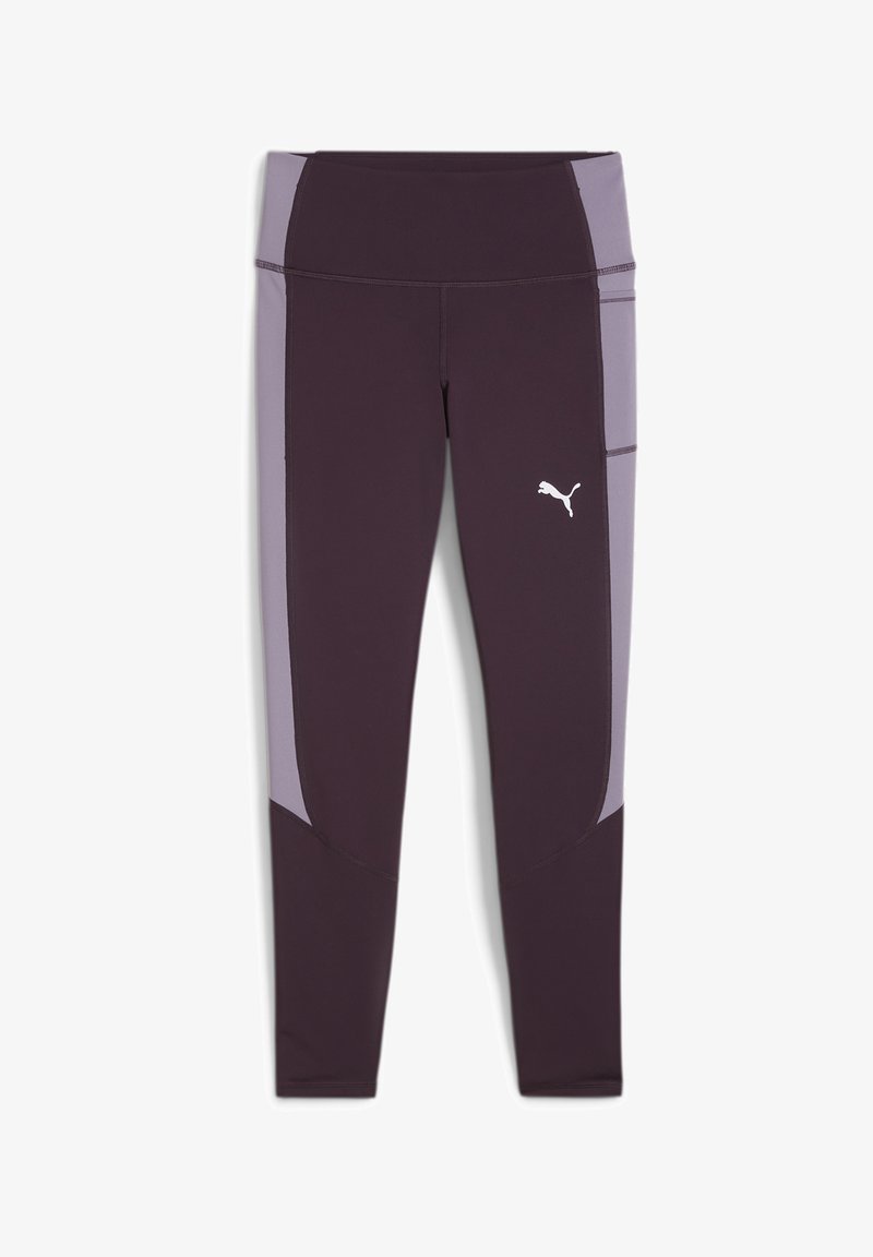 Sötétlila leggings világosszürke oldalsávokkal. Rugalmas anyagból készült, széles derékpánttal és fehér logóval a bal combon.