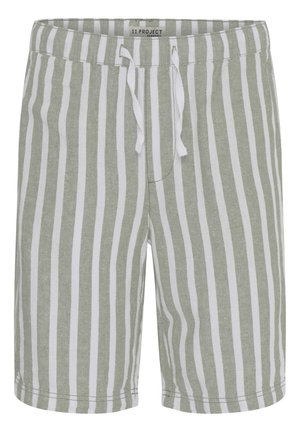 Striped shorts in green and white, made from textured fabric; features an elastic waistband with a drawstring and a straight leg design.