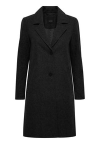 Cappotto in misto lana nero con colletto a rotondo, chiusura con un solo bottone, maniche lunghe e tasche laterali; tessuto testurizzato con un motivo leggero.