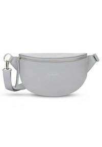 Gray leather crossbody bag with a rounded shape, zip closure, and adjustable strap. Features minimal branding in a sleek design.