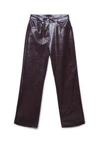 Glänzende, tief burgunderfarbene Lederhosen mit einem lockeren Schnitt, ausgestattet mit Fronttaschen und einem Bund mit Knopfverschluss.