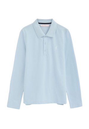 Jasnoniebieska polo z długim rękawem, trzema guzikami i małym haftowanym logo na lewej piersi.