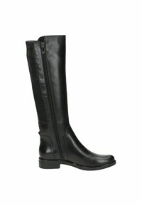 Bottes noires montantes en cuir lisse avec une fermeture éclair latérale et un insert en tissu côtelé. Bout arrondi et talon bas.