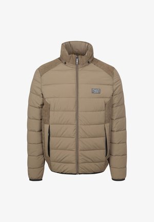 Beige gefütterte Jacke mit hohem Kragen, strukturierten Cord-Oberteil-Akzenten, Reißverschluss und seitlichen Taschen, entworfen für Wärme und Komfort.