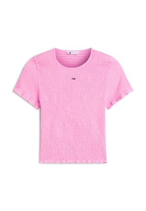 Top rosa de manga corta con fruncido, escote redondo y pequeño logo de Tommy Jeans centrado debajo del cuello.