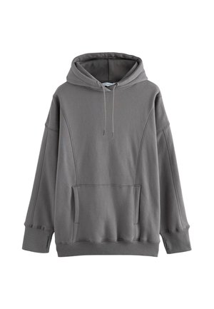 Übergroßes graues Hoodie mit einer vorderen Kängurutasche, Kapuze mit Kordelzug, gerippten Bündchen mit Daumenlöchern und sichtbaren Nahtdetails.