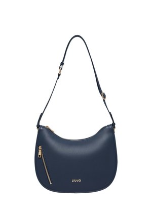 Borsa a tracolla in pelle blu navy con forma curva, tracolla regolabile, cerniera dorata sulla tasca frontale e logo LIU•JO dorato.