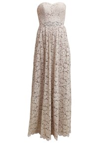 Strapless, beige lace gown featuring a fitted bodice, flowing skirt, and an embellished waist with shimmering accents.