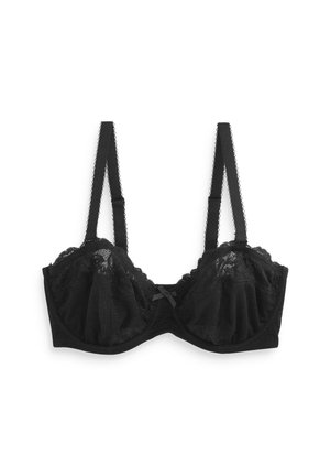 Reggiseno in pizzo nero con ferretto, coppe in mesh morbido, bordo in pizzo a zigzag, spalline regolabili e un dettaglio a fiocco frontale. Progettato per una vestibilità strutturata.