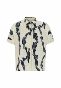 Kurzärmliges Hemd in Creme mit einem schwarzen abstrakten Muster, ausgestattet mit einem Knopfkragen und einem entspannten Schnitt. Glatte Stofftextur.