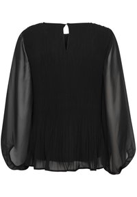 Zwarte blouse met een textured geplooid ontwerp, lange doorschijnende mouwen en een keyhole opening op de rug voor detail en ventilatie.
