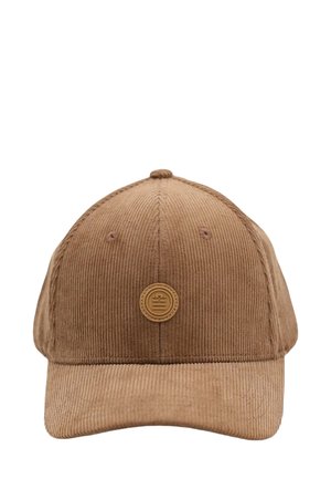 Casquette de baseball en velours côtelé marron avec une couronne arrondie, arborant une visière cousue et un petit logo circulaire en accent à l'avant.