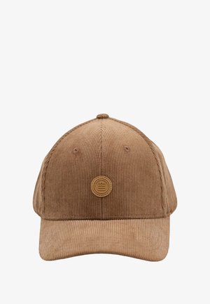 Casquette de baseball en velours côtelé marron avec une couronne arrondie, arborant une visière cousue et un petit logo circulaire en accent à l'avant.