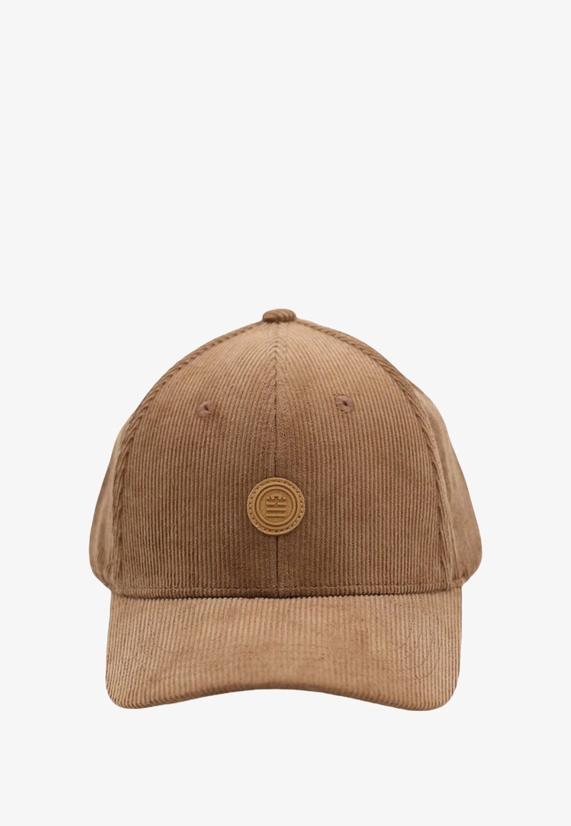 Casquette de baseball en velours côtelé marron avec une couronne arrondie, arborant une visière cousue et un petit logo circulaire en accent à l'avant.