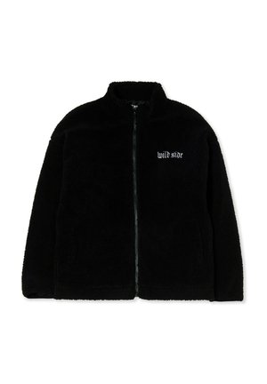 Giacca in pile nera con colletto alto, zip frontale e testo ricamato "wild side" sul lato sinistro del petto. Tessuto morbido e vestibilità comoda.