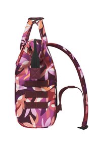 Multicolored floral backpack in shades of purple, pink, and orange; features adjustable straps, zipper closure, and three front webbing loops.