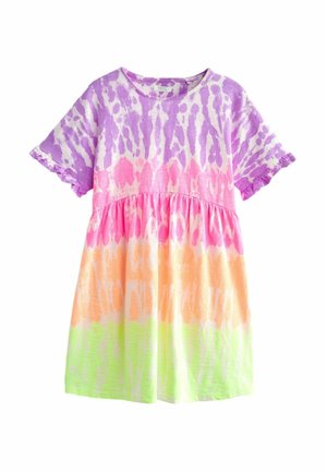 Robe bébé à manches courtes avec motif tie-dye violet, rose, orange et vert et bords de manches froncés.