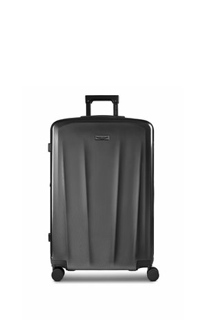 Valise noire rigide avec quatre roues, surface texturée, poignée télescopique et un petit logo de marque à l'avant.