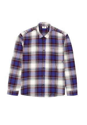 Langärmliges karriertes Hemd in Marineblau, Burgunderrot, Weiß und Hellblau. Mit Knöpfen vorne und einem Kragen gestaltet.