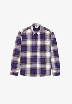 Langärmliges karriertes Hemd in Marineblau, Burgunderrot, Weiß und Hellblau. Mit Knöpfen vorne und einem Kragen gestaltet.