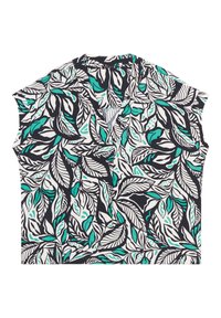 Blouse à manches courtes avec un motif de feuilles en noir, blanc et teal, dotée d'un décolleté en V et d'un tissu léger.