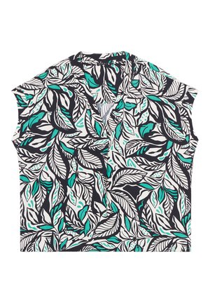 Korte mouwen blouse met een algeheel bladenpatroon in zwart, wit en teal, met een V-hals ontwerp en lichtgewicht stof.