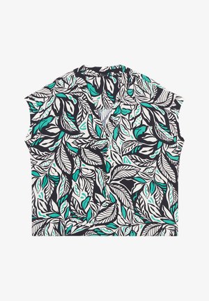 Korte mouwen blouse met een algeheel bladenpatroon in zwart, wit en teal, met een V-hals ontwerp en lichtgewicht stof.