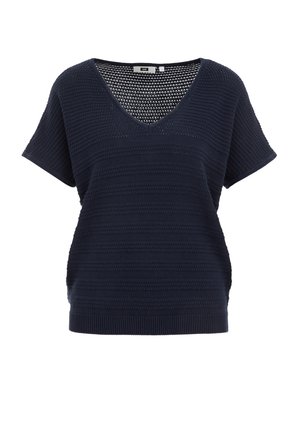 Navyblauer Kurzarm-Strickpullover mit V-Ausschnitt, der strukturierte Streifen und einen lockeren, lässigen Schnitt aufweist. Hergestellt aus atmungsaktivem Material.