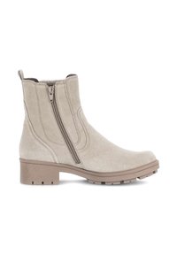 Beige suede ankle boot with a side zipper, rounded toe, chunky heel, and textured outsole for grip. Features decorative stitching accents.