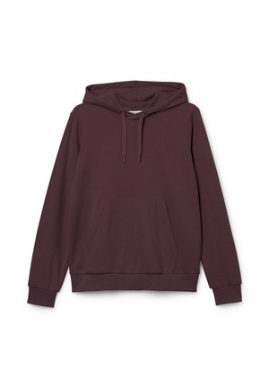 Sudadera con capucha FILA morado oscuro con bolsillo canguro frontal y capucha con cordón, mostrada sobre fondo blanco.