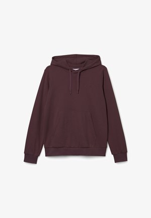 Sudadera con capucha FILA morado oscuro con bolsillo canguro frontal y capucha con cordón, mostrada sobre fondo blanco.