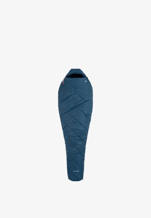 Sac de couchage bleu foncé de style momie avec capuche et coutures diagonales, conçu pour le camping en plein air et la chaleur.