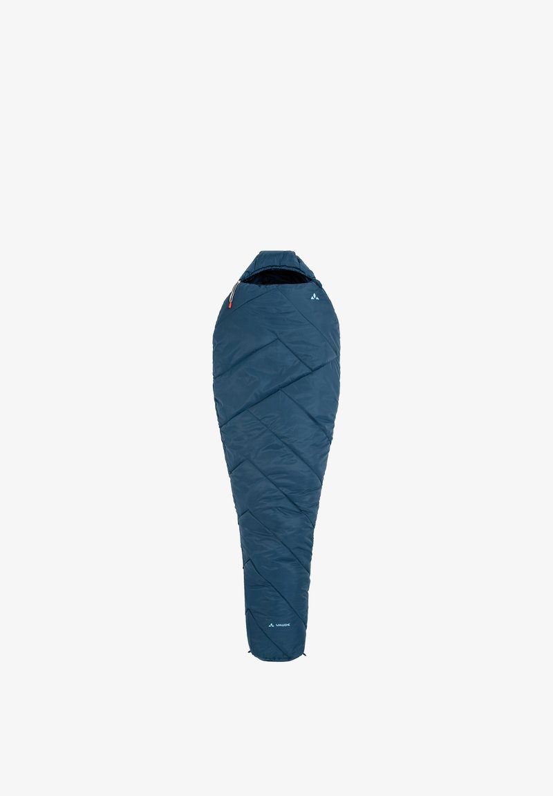 Dunkelblauer Schlafsack im Mumienstil mit Kapuze und diagonaler Steppung, entwickelt für Outdoor-Camping und Wärme.