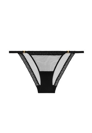 Lingerie noire avec un devant en maille et un dos uni, ornée de bandes décoratives sur les côtés et d'accents en métal doré.