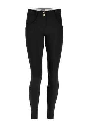 Leggings neri a vestibilità slim, dotati di due tasche frontali e di un elastico in vita con due bottoni. Realizzati in un tessuto liscio e elastico.
