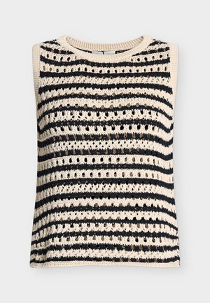 Top sin mangas de punto con rayas horizontales alternas en negro y beige y un patrón de pequeños agujeros por toda la prenda.