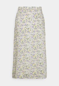 Blomster midi nederdel med en gul baggrund og lilla og grønne blomster mønstre. Blødt stof med en elastisk talje; lige snit.