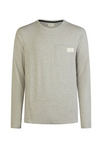 Grijze langemouwen t-shirt gemaakt van zachte stof, met een ronde hals en een borstzak met een klein labeltje.