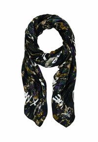 Sciarpa nera con un motivo floreale in viola e bianco, realizzata in tessuto leggero, con una texture morbida e un design che drappeggia.