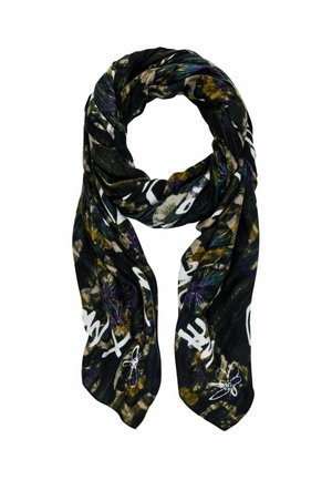 Sciarpa nera con un motivo floreale in viola e bianco, realizzata in tessuto leggero, con una texture morbida e un design che drappeggia.