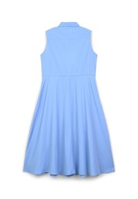 Jasnoniebieska sukienka bez rękawów z kołnierzykiem, dopasowaną talią i rozkloszowaną spódnicą sięgającą do kolan. Gładka faktura.