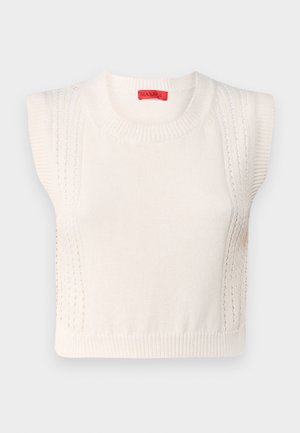 White knitted sleeveless sweater with a round neckline, featuring ribbed edges and textured panel details on the sides. Red brand label inside.