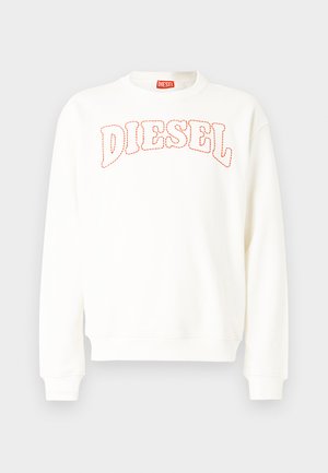 Sudadera blanca de manga larga con puños y dobladillo acanalados, con el logo "DIESEL" en naranja bordado en el pecho y cuello redondo.