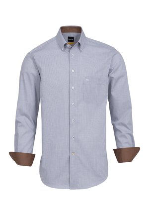 Camicia a maniche lunghe a quadretti blu e bianchi con colletto e polsini marroni, caratterizzata da una singola tasca sul petto e chiusura con bottoni.