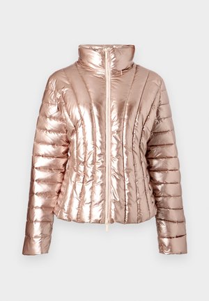 Shiny rose gold puffer jacket with a high collar, zip front, and horizontal quilted texture, featuring a fitted silhouette and smooth finish.