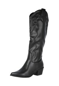 Bota de cuero estilo western de media pantorrilla en color negro, con puntera afilada, costuras decorativas, asas para tirar y un tacón en bloque apilado.