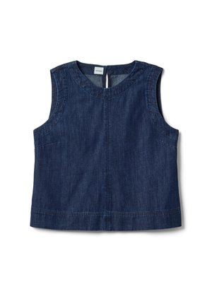 Haut sans manches en denim bleu foncé avec encolure ronde et fermeture par boutons au dos, présentant des détails de couture visibles verticales et horizontales.