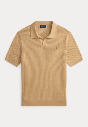 Beige short-sleeve ribbed polo shirt with collar and subtle embroidered logo on the left chest by Polo Ralph Lauren.