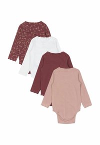 Set med fyra långärmade bodysuits i mörkröd med blommönster, vit, vinröd och rosa. Tillverkad av mjuk bomull med tryckknappar.