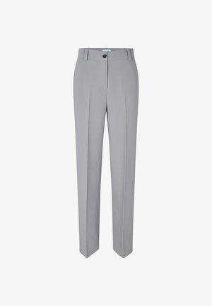 Grijze op maat gemaakte broek met een rechte pijp, gemaakt van een gladde stof. Voorzien van een knoopsluiting aan de voorkant en twee voorzakken.